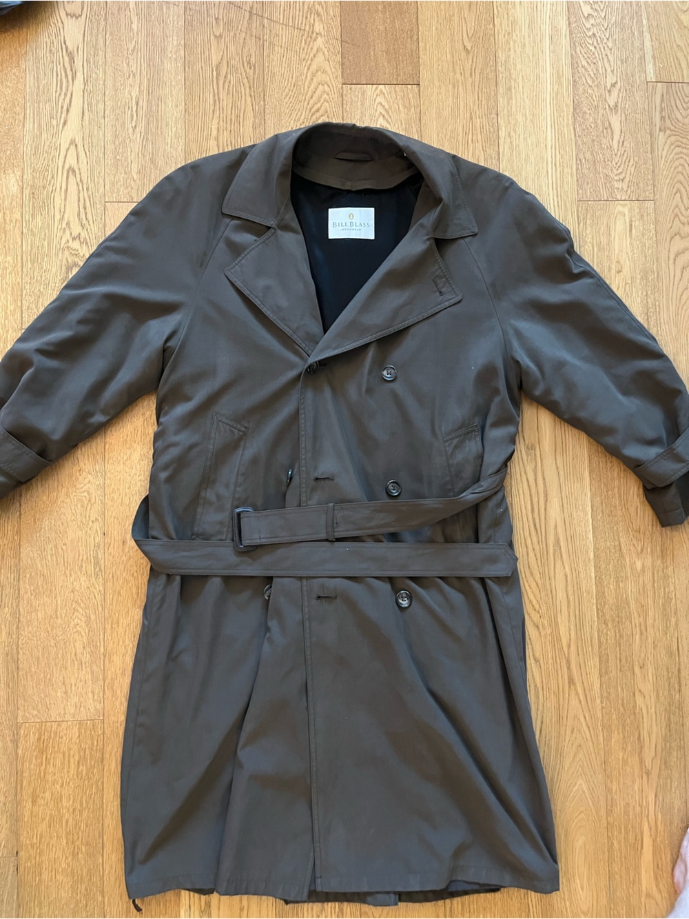 Bill Blass Vintage Double Breasted Trench Coat Belted Mens Green/Gray